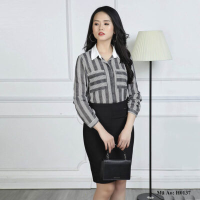 Áo sơ mi nữ kẻ cổ đức Palvin H0137 - Sơ mi kẻ nữ đẹp