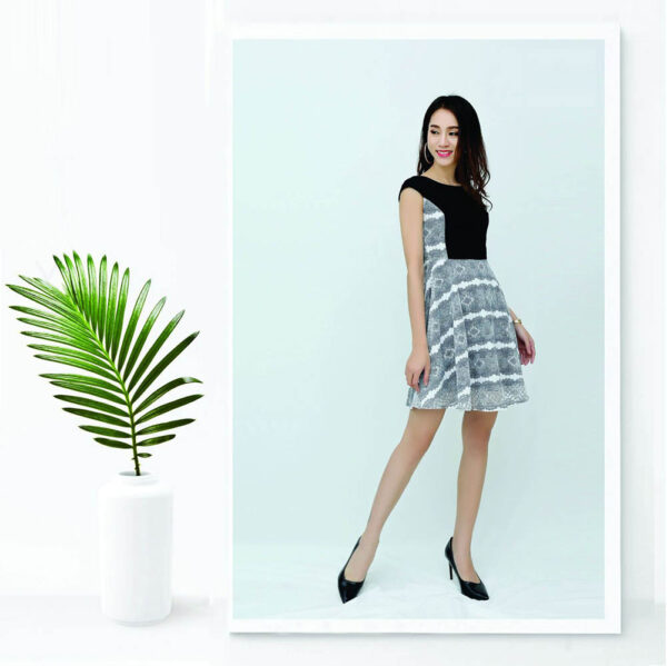 Đầm họa tiết xinh Palvin 0628 (váy dáng xòe, cổ thuyền ) - Ảnh 3