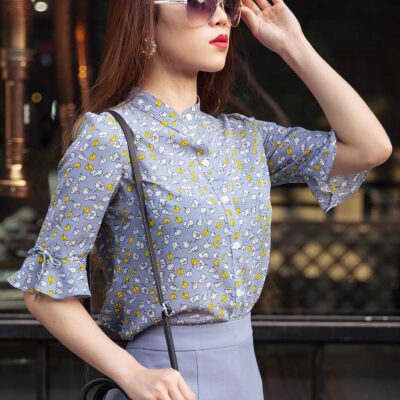 Sơ mi đẹp cho nữ Palvin PTAS22 (cổ nhỏ, tay lỡ, họa tiết nhỏ)