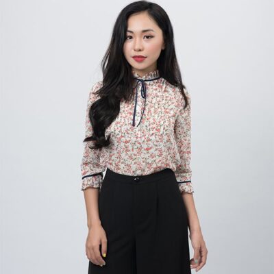 Sơ mi hoa cao cấp tay lỡ, cổ bèo nhún Palvin PTAS11