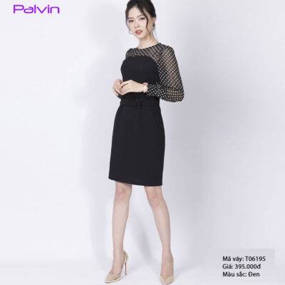 Váy công sở tiểu thư Palvin T06195 (phối tay voan chấm bi)
