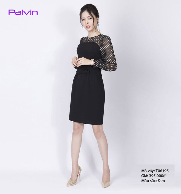 Váy công sở tiểu thư Palvin T06195 (phối tay voan chấm bi)
