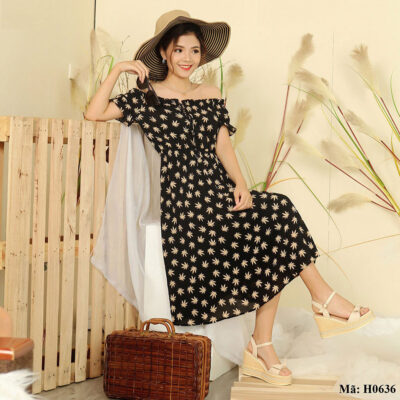 Đầm maxi trễ vai họa tiết lá Palvin Việt Nam H0636