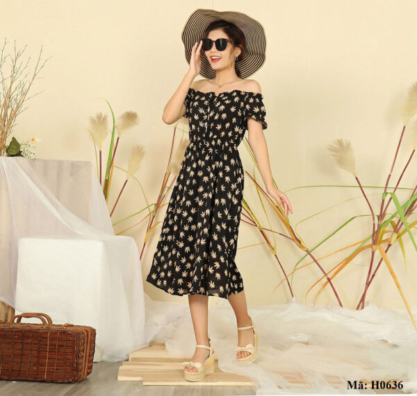 Đầm maxi trễ vai họa tiết lá Palvin Việt Nam H0636 - Ảnh 2