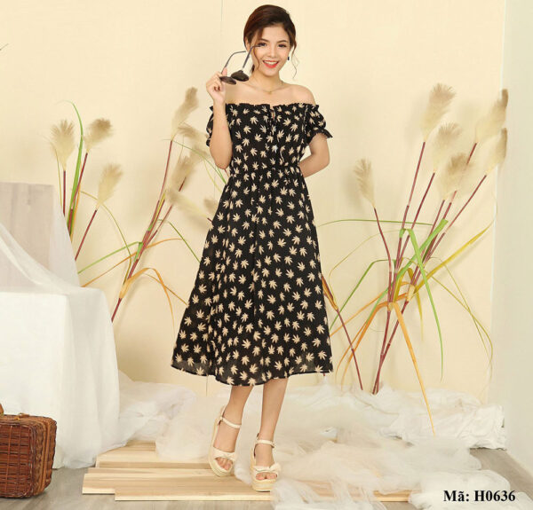 Đầm maxi trễ vai họa tiết lá Palvin Việt Nam H0636 - Ảnh 3