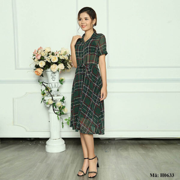 Váy sơ mi kẻ dáng dài Palvin H0633 (dáng đầm xòe) - Ảnh 6