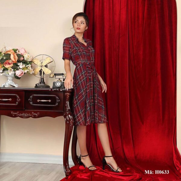 Váy sơ mi kẻ dáng dài Palvin H0633 (dáng đầm xòe) - Ảnh 5