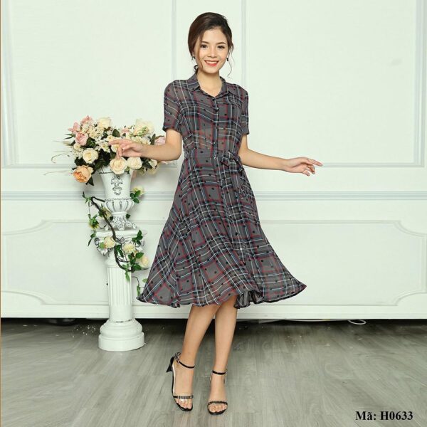 Váy sơ mi kẻ dáng dài Palvin H0633 (dáng đầm xòe)