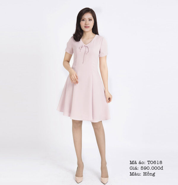 Váy xòe cổ tim buộc nơ tay ngắn Palvin T0618 - Ảnh 2