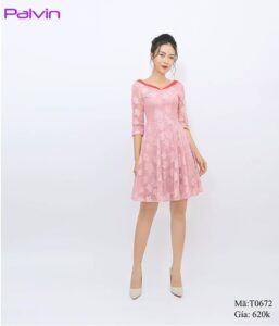 Váy xòe dài tay cổ chữ V Palvin T0672